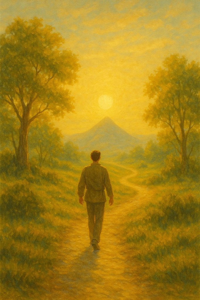 A person walking along a sunlit path toward distant mountains at sunrise, symbolizing the soul’s journey, healing, and conscious evolution — Reconnective Academy International.