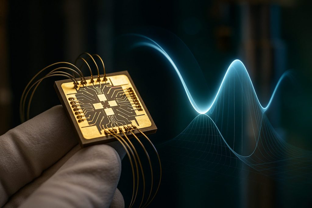 Superconducting quantum chip with Josephson junctions held by a gloved hand, with a glowing wavefunction illustrating macroscopic quantum tunneling — Macroscopic Quantum Physics Nobel Prize 2025
