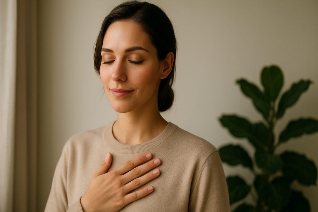Person pausing with a hand on chest, listening to the body with calm awareness