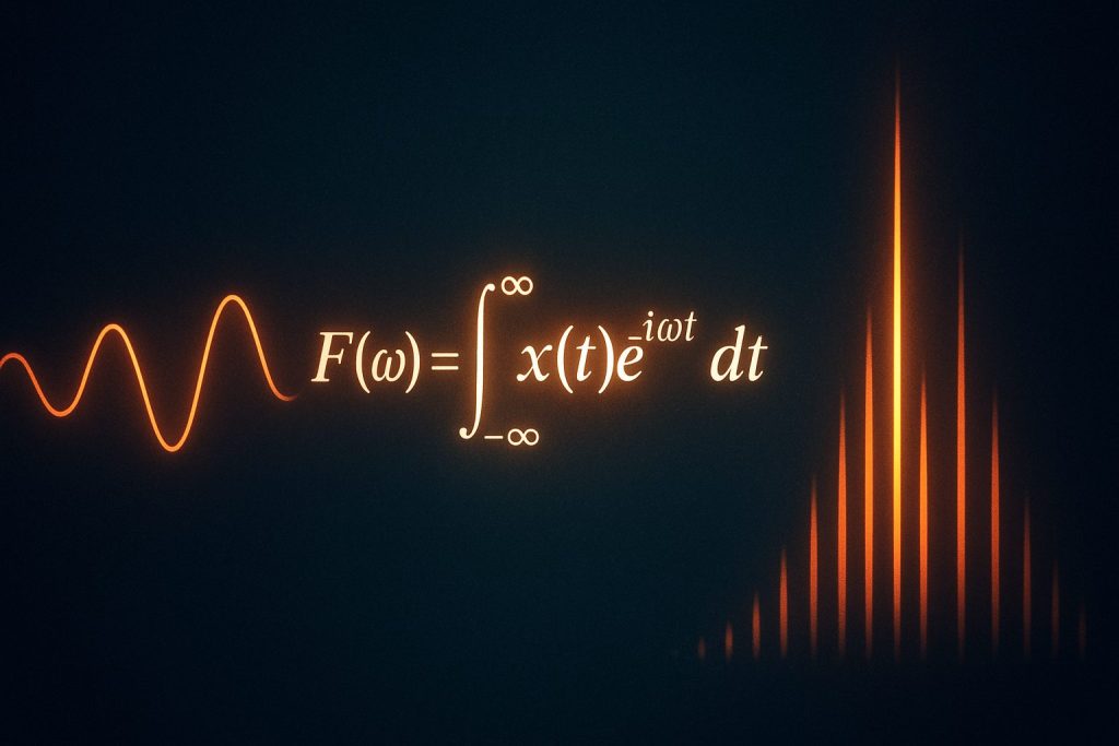 Fourier Transform explained simply: the formula F(ω)=∫_{−∞}^{∞} x(t) e^{−iωt} dt between a glowing sine wave and its frequency spectrum on a dark background.