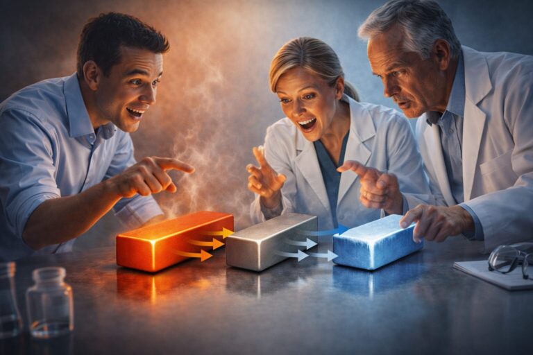 entropy as order — scientists observing heat exchange between hot, warm, and cold metal blocks as a metaphor for coherence