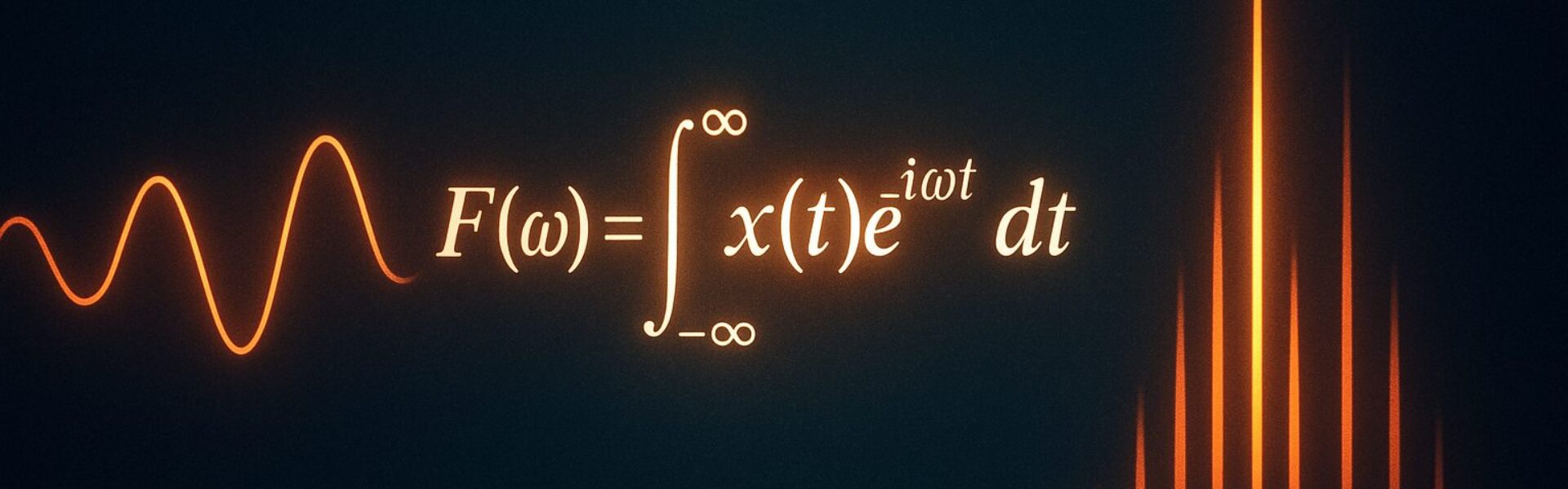 Fourier Transform explained simply: the formula F(ω)=∫_{−∞}^{∞} x(t) e^{−iωt} dt between a glowing sine wave and its frequency spectrum on a dark background.