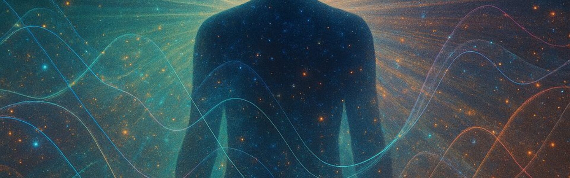 abstract human silhouette in a cosmic quantum field with colorful energy waves representing quantum consciousness and energy healing