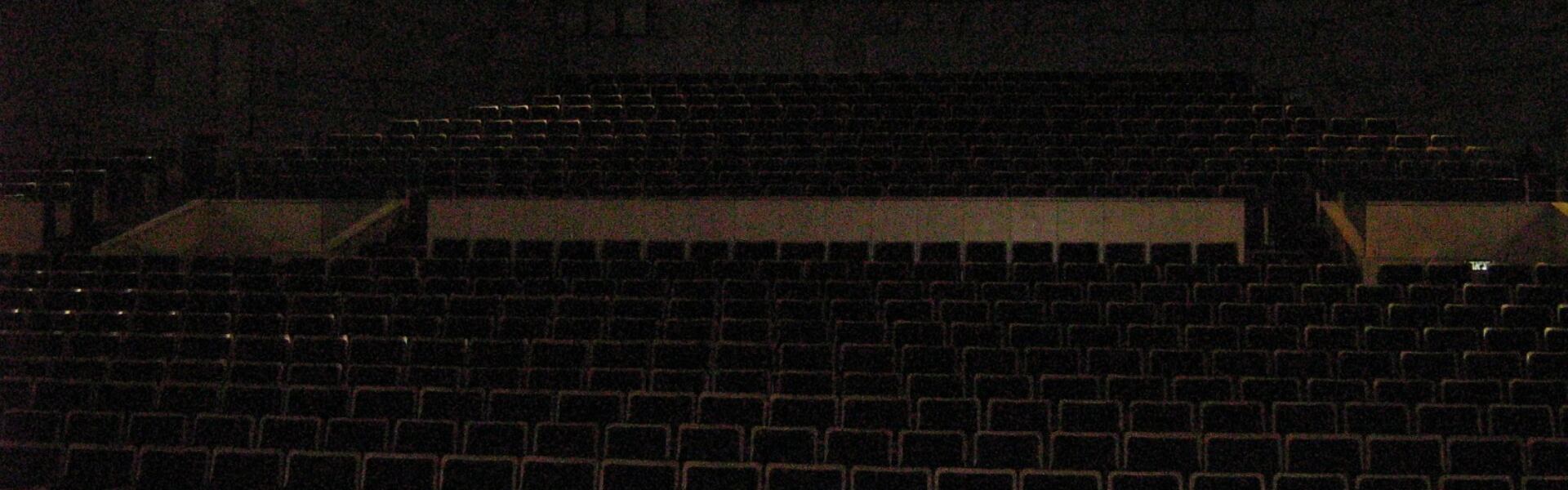 Auditorium seen from the stage, rows of empty seats facing the speaker, evoking very long seminar days
